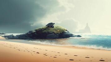 A sea turtle crawling on the sandy beach with a mountain in the background. . photo