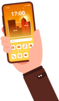 main en portant mobile téléphone avec Accueil écran.écran tactile avec chercher bar.ville illustration png