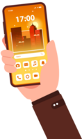mão segurando Móvel telefone com casa tela. tela sensível ao toque com procurar bar.cidade ilustração png