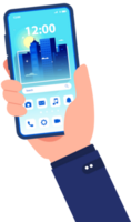Hand holding mobile phone with home screen.Touchscreen with search bar.City illustration png