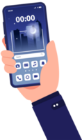 Hand holding mobile phone with home screen.Touchscreen with search bar.City illustration png