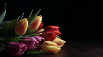 Wonderful bouquet of tulips for mother's day. Flowers on black background. Mother's day celebration. . photo