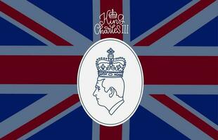 New king of England Charles III in crown profile linear silhouette on Great Britain flag. Banner template for coronation of prince Charles. New monarch of United Kingdom. Vector