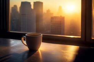 Coffee mug on windowsill sunrise and skyscrapers in the background ai generativ. photo