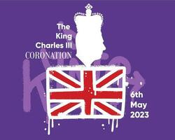 Wall art street graffiti style concept for Charles III King's Coronation at 6th May 2023. King side profile with crown, flag, splash effect and drops. Vector hand drawn illustration