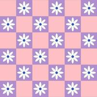 Groovy fancy daisy flower geometry pattern in 60s,70s,80s style, floral checkered background vector illustration, trendy retro ornament for surface design, textile, stationery, wrapping paper, cover