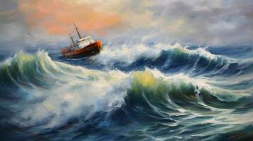 Impressionist painting,sea, ship, storm, big wave Illustration photo