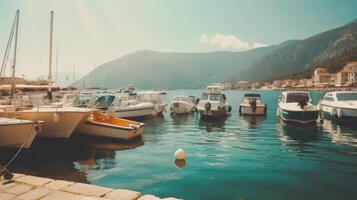 Harbor and boats at sunny day. Illustration photo