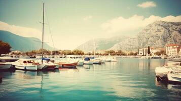 puerto y barcos a soleado día. ilustración ai generativo foto