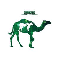 Eid al adha green pattern Camel with two cubs. Eid syedian Vector illustration on a white background.