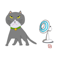 A gray tomcat. Angry cat cartoon with electrical fan. Cute grumpy cat, png