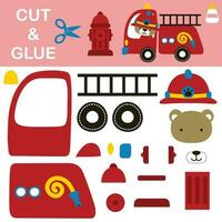 Cute bear driving firetruck with fire hydrant. Education paper game for children. Cutout and gluing. Vector cartoon illustration