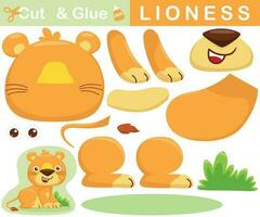 Cute lioness sitting on grass. Education paper game for children. Cutout and gluing. Vector cartoon illustration