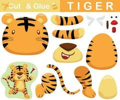 Cute tiger chasing dragonfly. Education paper game for children. Cutout and gluing. Vector cartoon illustration