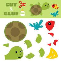 Cute turtle with fish jump from water. Education paper game for children. Cutout and gluing. Vector cartoon illustration