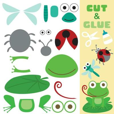 Cute frog sitting on lotus leaf with dragonfly and ladybird. Education paper game for children. Cutout and gluing. Vector cartoon illustration