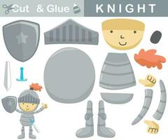 Little knight with sword and shield. Education paper game for children. Cutout and gluing. Vector cartoon illustration