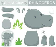 Funny rhino cartoon. Education paper game for children. Cutout and gluing. Vector illustration