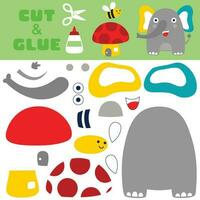 Cute elephant with a bee and mushroom house. Education paper game for children. Cutout and gluing. Vector cartoon illustration