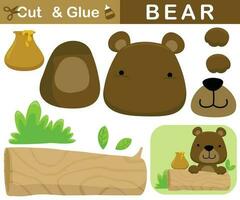 Cute bear with honey jar in tree stump. Education paper game for children. Cutout and gluing. Vector cartoon illustration