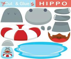 Funny hippo with lifebuoy in water. Education paper game for children. Cutout and gluing. Vector cartoon illustration