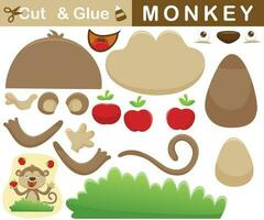 Funny monkey juggling fruits. Education paper game for children. Cutout and gluing. Vector cartoon illustration