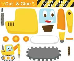 Funny drilling tractor. Education paper game for children. Cutout and gluing. Vector cartoon illustration