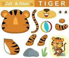 Cute tiger sitting on stone playing ball. Education paper game for children. Cutout and gluing. Vector cartoon illustration