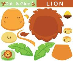 Cute lion on leaf. Education paper game for children. Cutout and gluing. Vector cartoon illustration