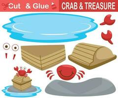 Red crab with treasure chest in the stone. Education paper game for children. Cutout and gluing. Vector cartoon illustration