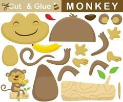 Funny monkey sitting on tree trunk with banana. Education paper game for children. Cutout and gluing. Vector cartoon illustration