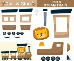 Cute lion on steam train. Education paper game for children. Cutout and gluing. Vector cartoon illustration