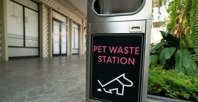 Pet waste station. Pet waste cleanup. Bin for dog owner cleanup dog excrement. Dog poop container. Hygienic pet poop solution. Outdoor public waste station. Community pet waste station. photo