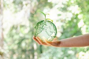 Environment World Earth Day.Technology earth global growing tree in human hand on green nature background.Saving environment, save clean planet, ecology concept. Ecology and Sustainable Development. photo