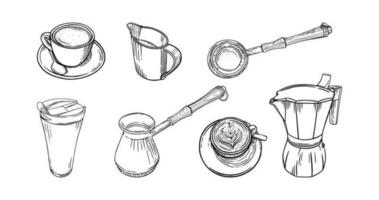 Coffee set wuth cups, pots and creamer. Big set of coffee accessoiries for cappuccino brewing. Vector illustration