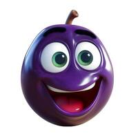 content, Cartoon fruit character,happy plum, with face and eyes isolated on white background. Fruit series. photo