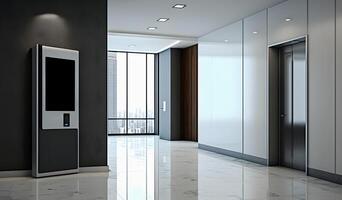content, office corridor with elevators. Mockup, Informational electronic board photo