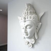 A white wall sculpture of a face with Gautama buddha head as mural for home decor etc. . photo