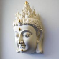 A white wall sculpture of a face with Gautama buddha head as mural for home decor etc. . photo