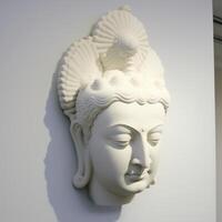 A white wall sculpture of a face with Gautama buddha head as mural for home decor etc. . photo