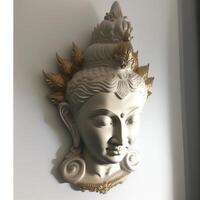 A white wall sculpture of a face with Gautama buddha head as mural for home decor etc. . photo