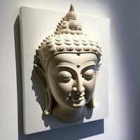 A white wall sculpture of a face with Gautama buddha head as mural for home decor etc. . photo