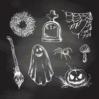 Set of halloween elements in sketch style.  Hand drawn vector spider web, spider, tombstone, fly agaric, funeral wreath, scary pumpkin, broom and ghost  isolated on chalkb