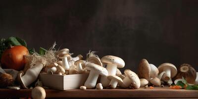 Mushroom Veggie Frame. Fresh organic vegetables and mushrooms on dark background. Perfect for wholesome food themes. photo