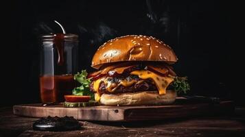 Delicious Burger Delight. Juicy patty, melted cheese, and crisp veggies on a dark backdrop. Perfectly satisfying. photo