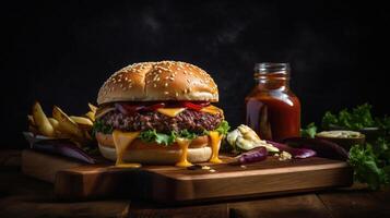 Delicious Burger Delight. Juicy patty, melted cheese, and crisp veggies on a dark backdrop. Perfectly satisfying. photo