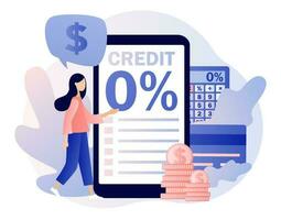 Bank credit concept. Tiny woman signing loan agreement in smartphone app. Percent, good interest rate, interest-free. Finance management. Modern flat cartoon style. Vector illustration