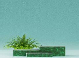 3D jade marble pedestal and palm tree.abstract green background photo