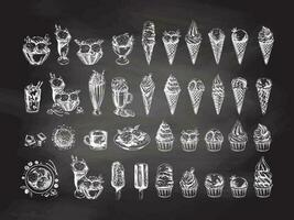 Big hand-drawn sketch of ice cream or frozen yoghurt in cups and cones, milkshakes, ice cream on a stick, cupcakes, cookies. Vintage illustration isolated on chalkboard background. Set. vector