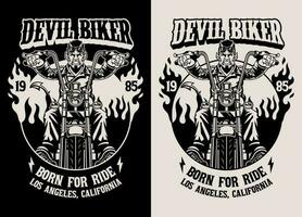 negro y blanco camiseta diseño de diablo motocicleta jinete vector